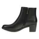Black leather ankle boot with a zipper on a white background