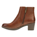 A brown leather ankle boot with a side zipper, shown in a side profile view against a plain white background.