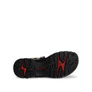 Black sandal with red accents on a white background