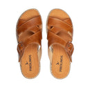 Pair of brown sandals with 'Pikolinos' branding on a white background