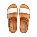 Pair of brown sandals with white straps on a white background, featuring the Pikolinos brand.