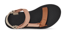Black sandal with pink and brown straps on a white background