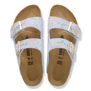 Pair of Birkenstock sandals with floral design on a white background