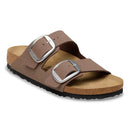 Brown sandal with two buckles on a white background