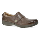 Brown leather shoe with a strap on a white background
