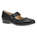 Black leather shoe with a buckle on a white background