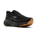 Black running shoe with brown sole on a white background