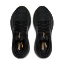 Black running shoes with gold accents on a white background