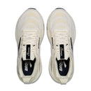 Pair of white running shoes with black accents on a white background
