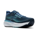 Blue running shoe with white sole on a white background
