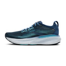 Blue running shoe with white sole on a white background