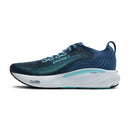 Blue running shoe with white sole on a white background