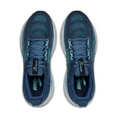 Blue running shoes with white soles on a white background