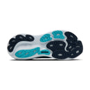 Close-up of a shoe sole with black and blue pattern on a white background