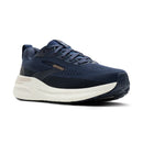 Navy running shoe with white sole on a white background