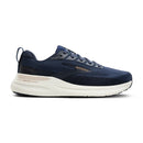 Navy running shoe with white sole on a white background