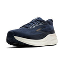 Navy running shoe with white sole on a white background