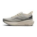 Gray running shoe with white sole on a white background