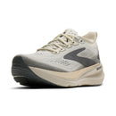 White and gray running shoe with 'Brooks' branding on a white background