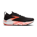 Black running shoe with pink sole on a white background