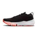 Black running shoe with a white sole on a white background