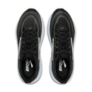 Black running shoes with white soles and visible 'Brook' branding on a white background
