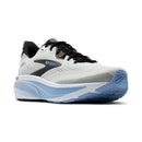 White running shoe with black and blue accents on a white background