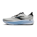 Gray running shoe with black and blue accents on a white background