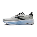 Gray and black running shoe with blue sole on a white background