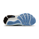 Sole of a running shoe with blue and white design on a white background