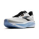 White and black running shoe with blue sole on a white background
