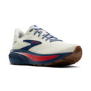 White running shoe with blue and red accents on a white background
