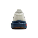 Back view of a sneaker with a white and blue design on a white background