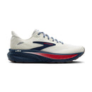 White running shoe with blue and red accents on a white background