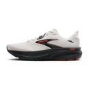 White running shoe with black sole and red text on a white background