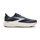 Navy running shoe with white sole on a white background
