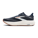 Navy and white running shoe with 'Brooks' branding on a white background