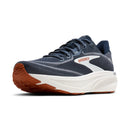 Navy running shoe with brown sole on a white background