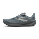 Black running shoe with brand logo on a light gray background
