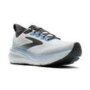 White and black running shoe with blue accents on a white background