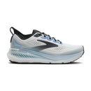 White running shoe with black and blue accents on a white background