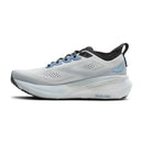White running shoe with black and blue accents on a white background