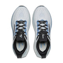 White running shoes with black and blue accents on a white background