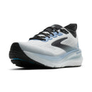 White running shoe with black and blue accents on a white background