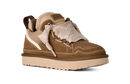 Brown sneaker with beige accents on a white background