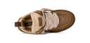 Brown UGG sandal with beige accents on a white background