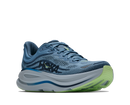 Blue running shoe with green sole on a white background