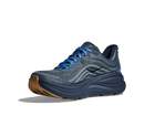 Blue running shoe with brown sole on a white background