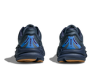 Pair of navy running shoes with blue accents on a white background