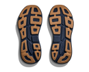 Pair of sandals with brown and blue sole pattern on a white background
